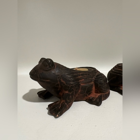 Two Art Pottery Frog Candles Red Crack Clay Style Folk Art - Picture 10 of 12